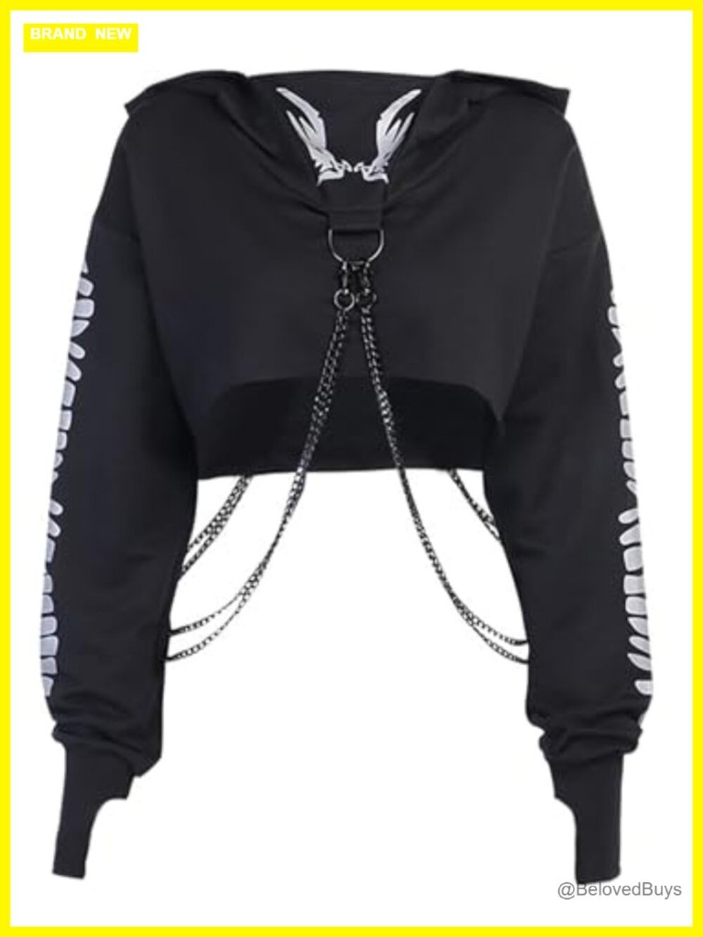 Gothic Crop Hoodie Sweatshirt Reflective Fishbone Print Chain Detail